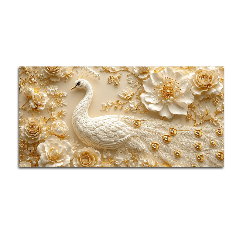 Prepossessing White Peacock and Golden Rose Bloom 3D Canvas Wall Painting