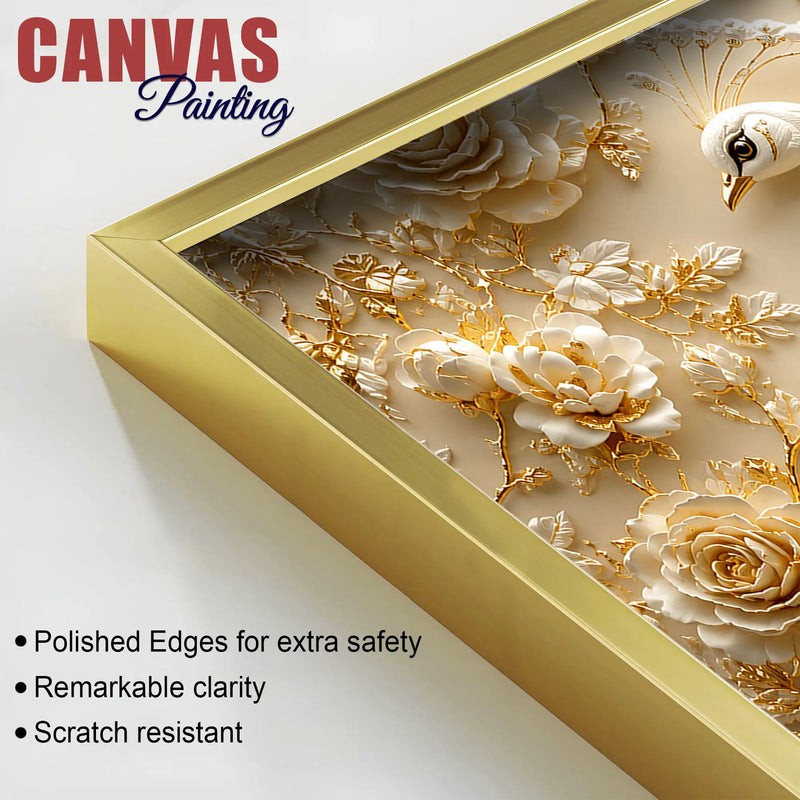 Prepossessing White Peacock and Golden Rose Bloom 3D Canvas Wall Painting