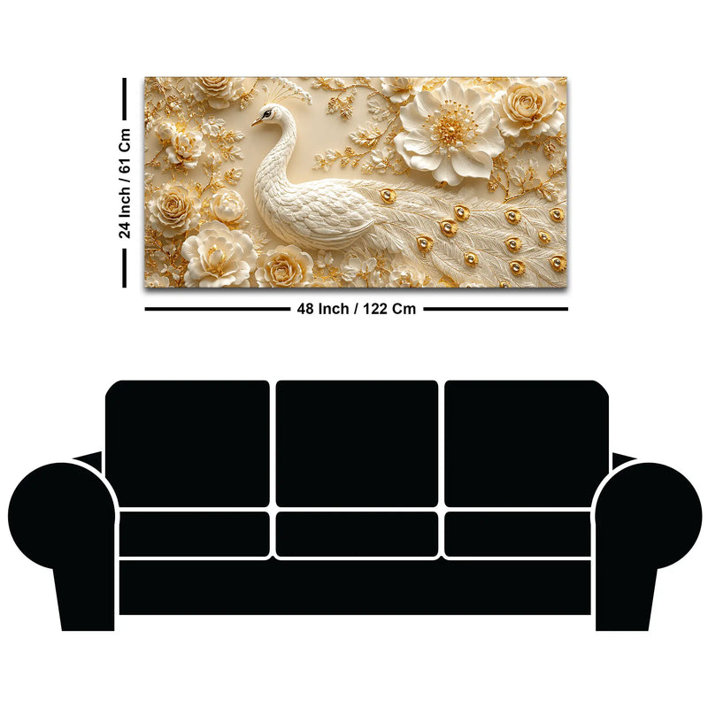 Prepossessing White Peacock and Golden Rose Bloom 3D Canvas Wall Painting