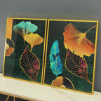 Colorful Golden Lines Leaves Acrylic Floating Wall Painting Set of 2