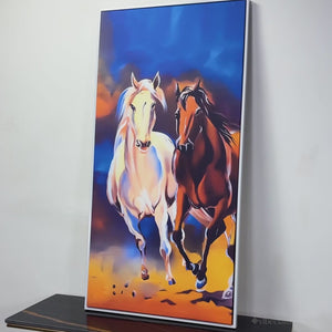 White & Brown Horse Running Canvas Wall Hanging Painting