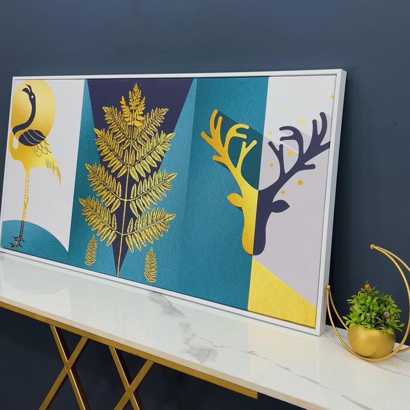 Modern Abstract Golden Leaf Flamingo Deer Antlers Canvas Wall Painting