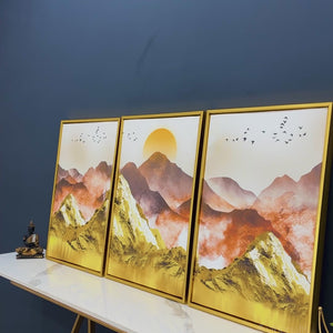 Golden Mountains and Birds Scenery Floating Canvas Wall Painting Set of Three