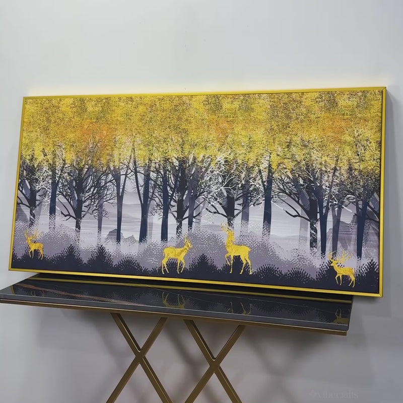 Golden Deers in Dark Forest Premium Canvas Wall Painting