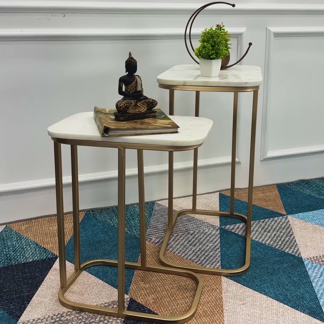 Tehran Rectangle Iron Stand Side Marble Table Set of 2
