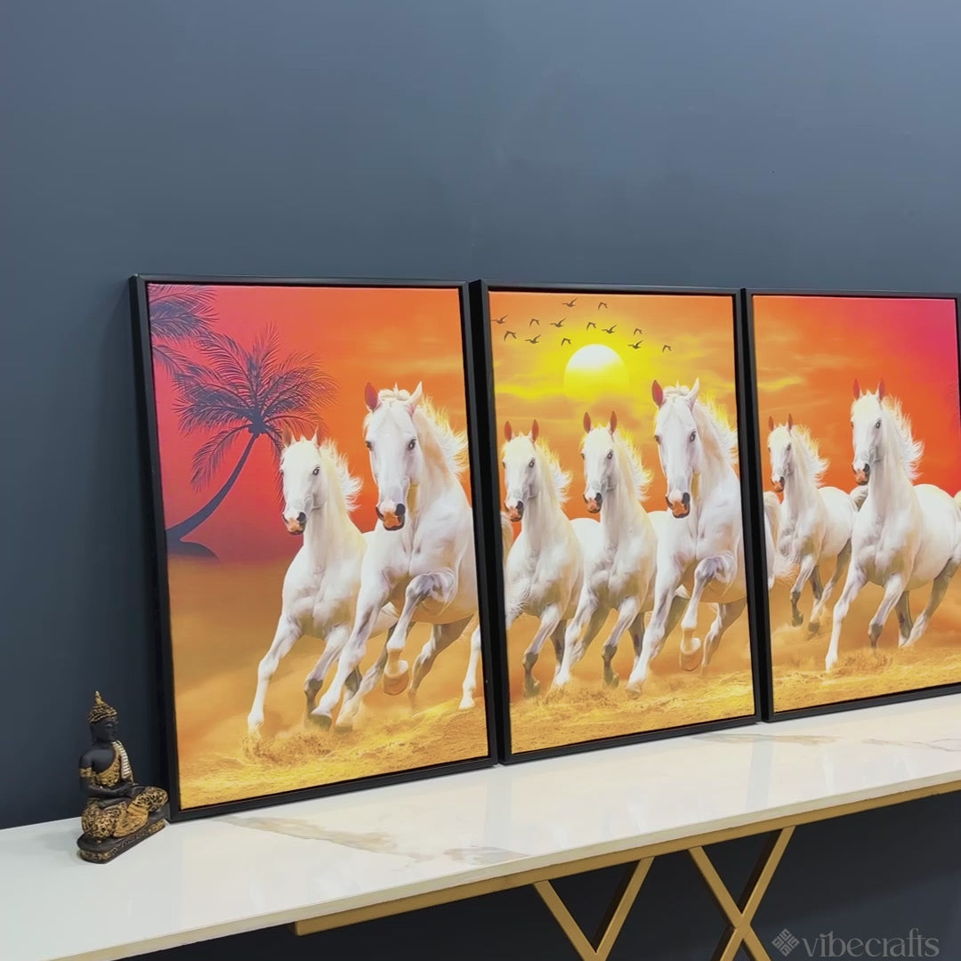 Beautiful Sunset with Running Horses Scenery Floating Wall Painting Set of 3