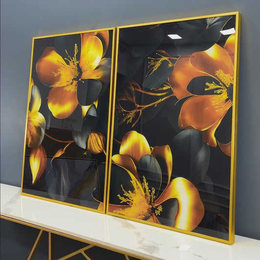 Beautiful Golden Flower Premium Acrylic Floating Wall Painting Set Of 2