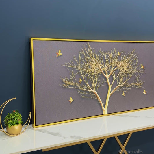 Golden Embossed Tree With Golden Birds Premium Canvas Wall Painting