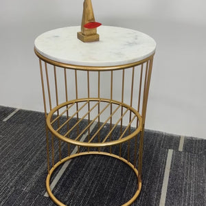 Designer Art Golden Half Caged White with Marble Coffee Round Side Table