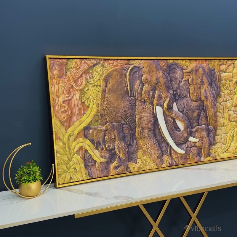 Elephant Family in the Forest Textured Art Premium Wall Painting