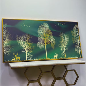 Golden Trees and Deer Modern Art Premium Wall Painting