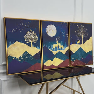 Luxurious Modern Art of Mountains and Deer Floating Canvas Wall Painting Set of Three