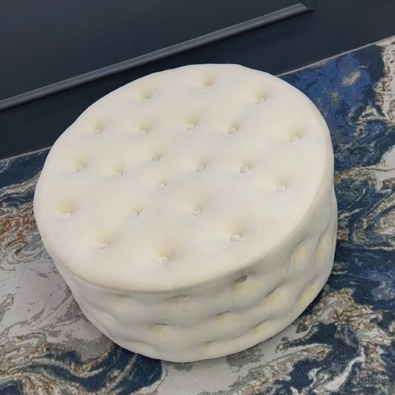 Tufted White Round Shape Velvet Ottoman
