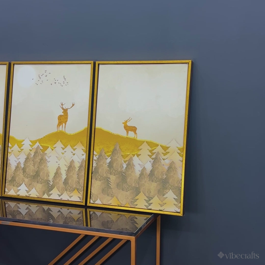 Beautiful Golden Deers Premium Floating Canvas Wall Painting Set of Three