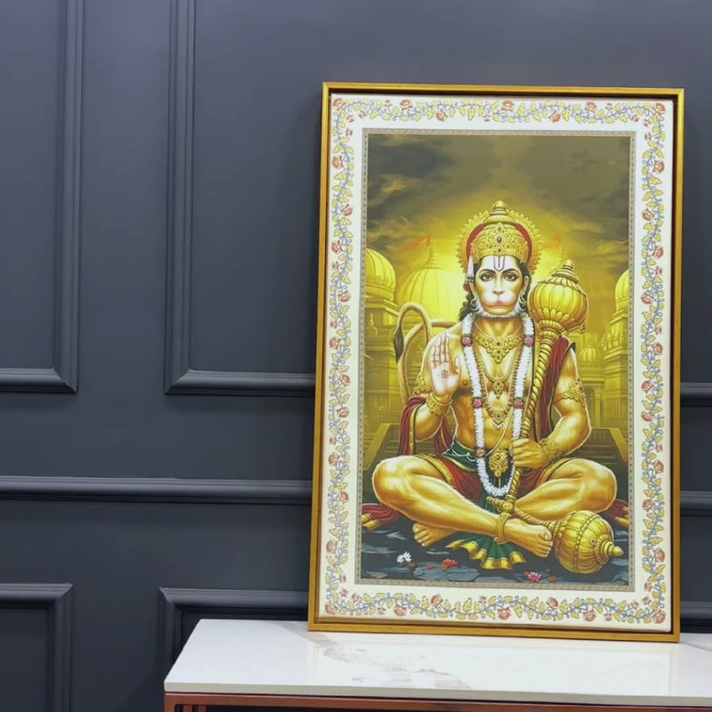 Sankat Mochan Hanuman Floral Border Vertical Canvas Wall Painting