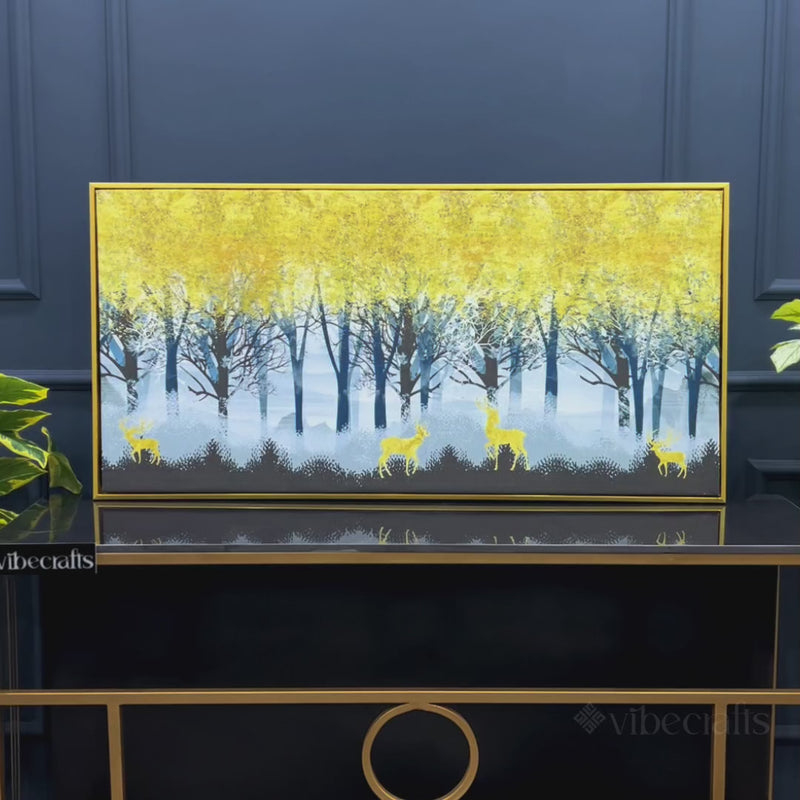Golden Deer in Dark Forest Canvas Wall Painting