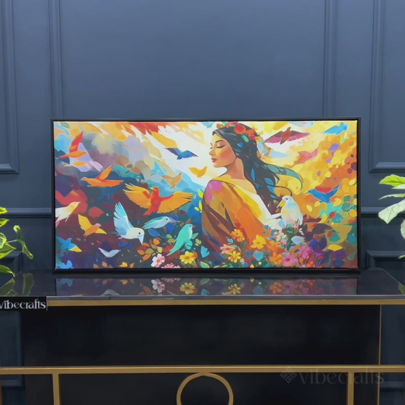 Woman Surrounded by Birds in a Garden of Color and Freedom Abstract Canvas Wall Painting