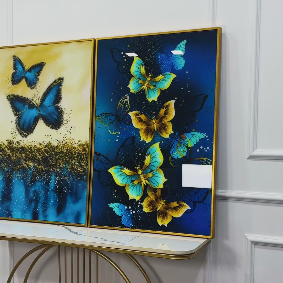 Blue and Golden Butterflies Acrylic Floating Wall Painting Set of 2