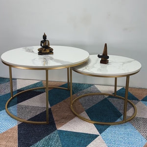 White Marble Round Iron Stand Coffee Tables Set of 2