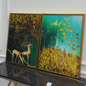 Beautiful Golden Birds and Deer Acrylic Floating Wall Painting Set Of 2