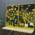 Beautiful Golden Trees with Deer Premium Acrylic Floating Wall Painting Set Of 2