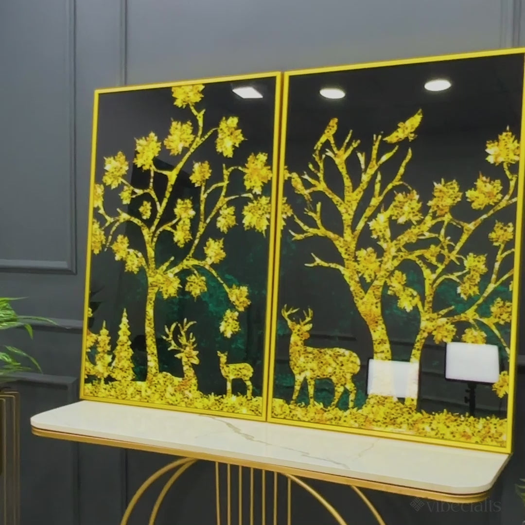 Beautiful Golden Trees with Deer Premium Acrylic Floating Wall Painting Set Of 2