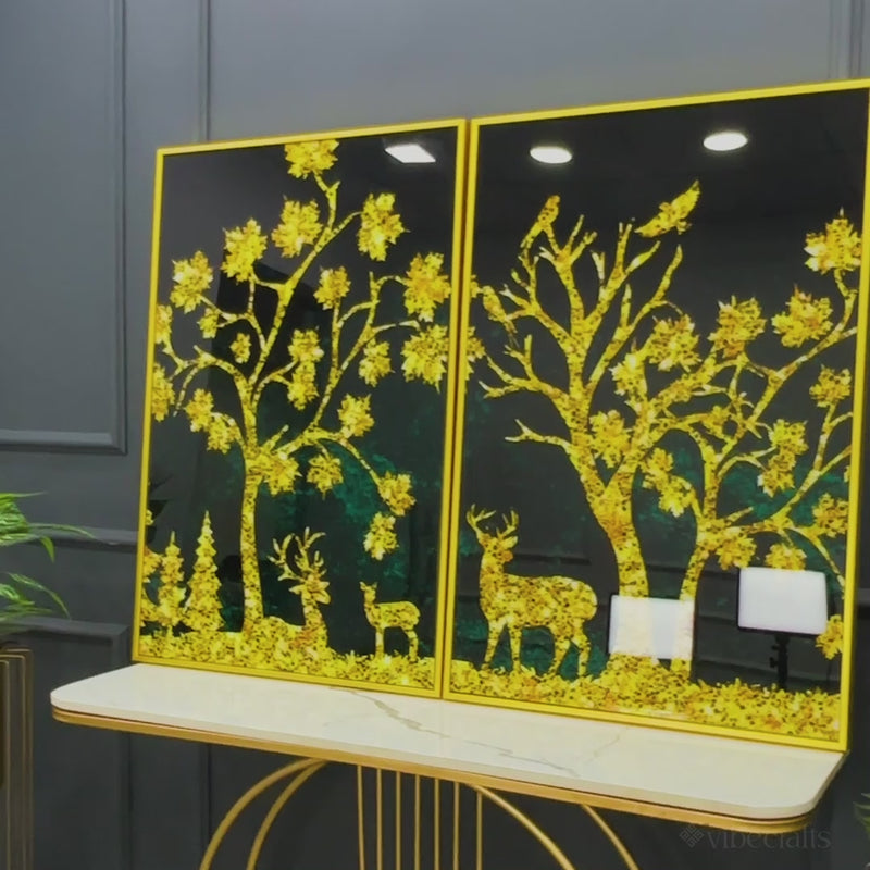 Beautiful Golden Trees with Deer Premium Acrylic Floating Wall Painting Set Of 2