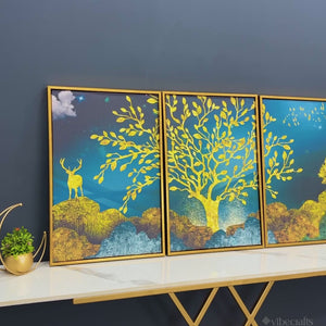 Golden Trees and Deer with Hills Premium Floating Canvas Wall Painting Set of Three