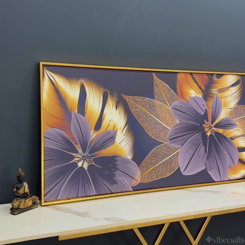 Flowers with Golden Monstera Leaves Wall Painting