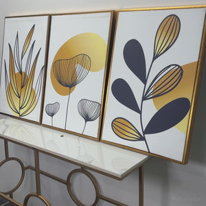 Golden Botanical Line Art Floating Canvas Wall Painting Set of Three