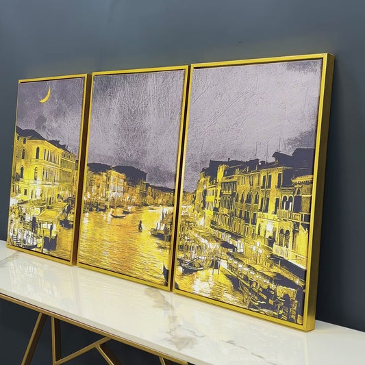 Beautiful Venice City at Night Floating Canvas Wall Painting Set of Three