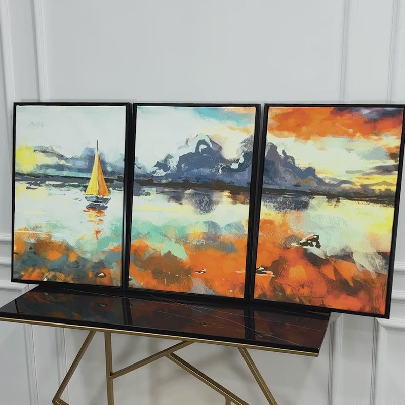 Colorful Art of Sea With Ship Floating Wall Painting Set of 3