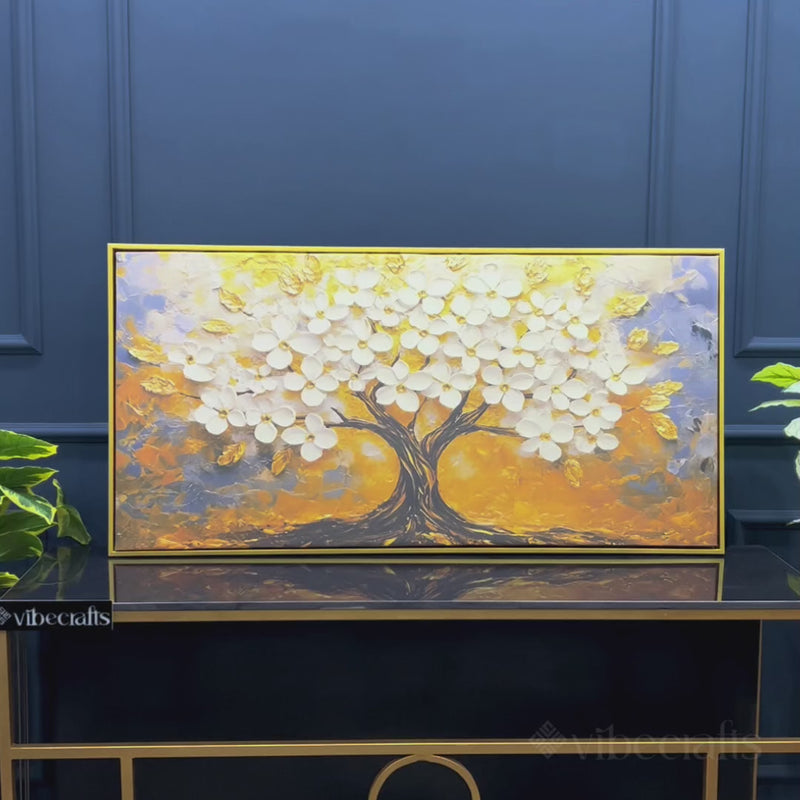 Modern White Floral Tree Canvas Painting for Living Room Décor