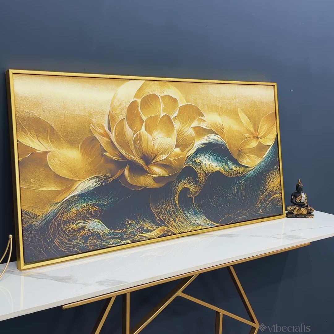 Modern Golden Flower and Waves Canvas Wall Painting