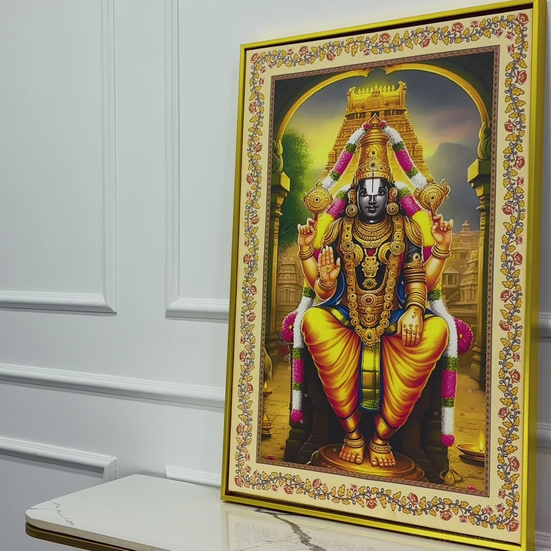 Sri Tirupati Balaji Floral Border Vertical Canvas Wall Painting