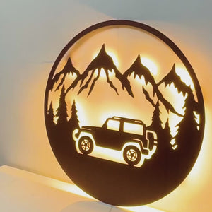 Mountain Forest Road Jeep Art Backlit Wooden Wall Hanging with LED Night Light Walnut Finish