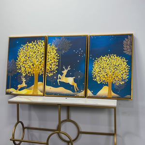 Golden Leaf Tree with Golden Deer Canvas wall Painting