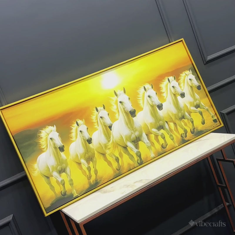 Seven White Horses Galloping at Sunrise Premium Wall Painting