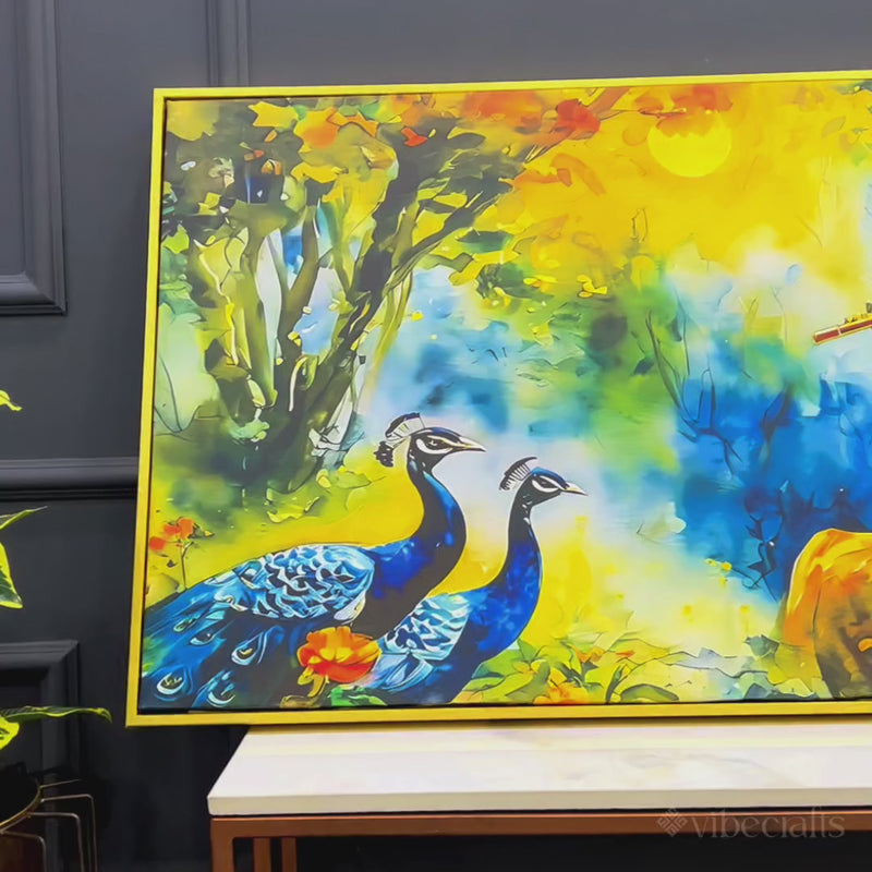 Traditional Lord Krishna Painting with Peacock for Home Wall