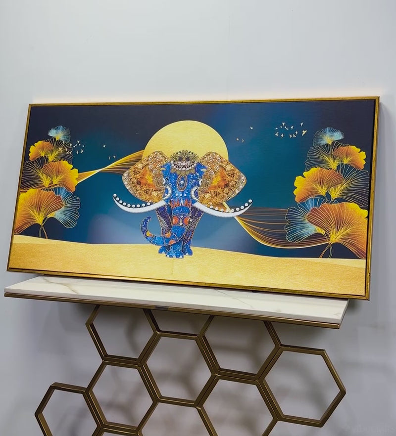 Beautiful Golden Flowers with Elephant Premium Canvas Wall Painting