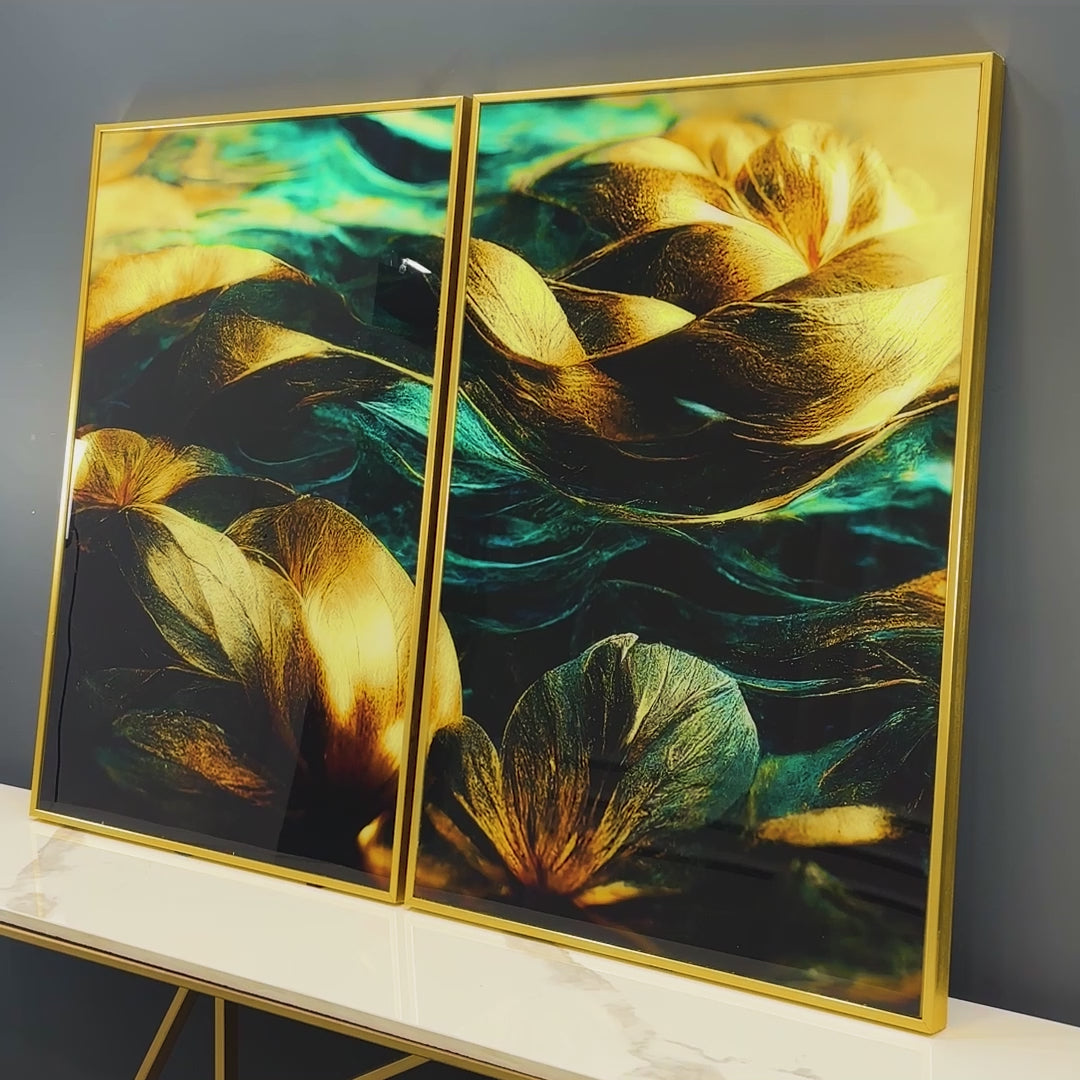 Golden Dreamy Flower Acrylic Floating Wall Painting Set of 2