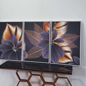 Golden Leaf Flower Floating Canvas Wall Painting Set of Three