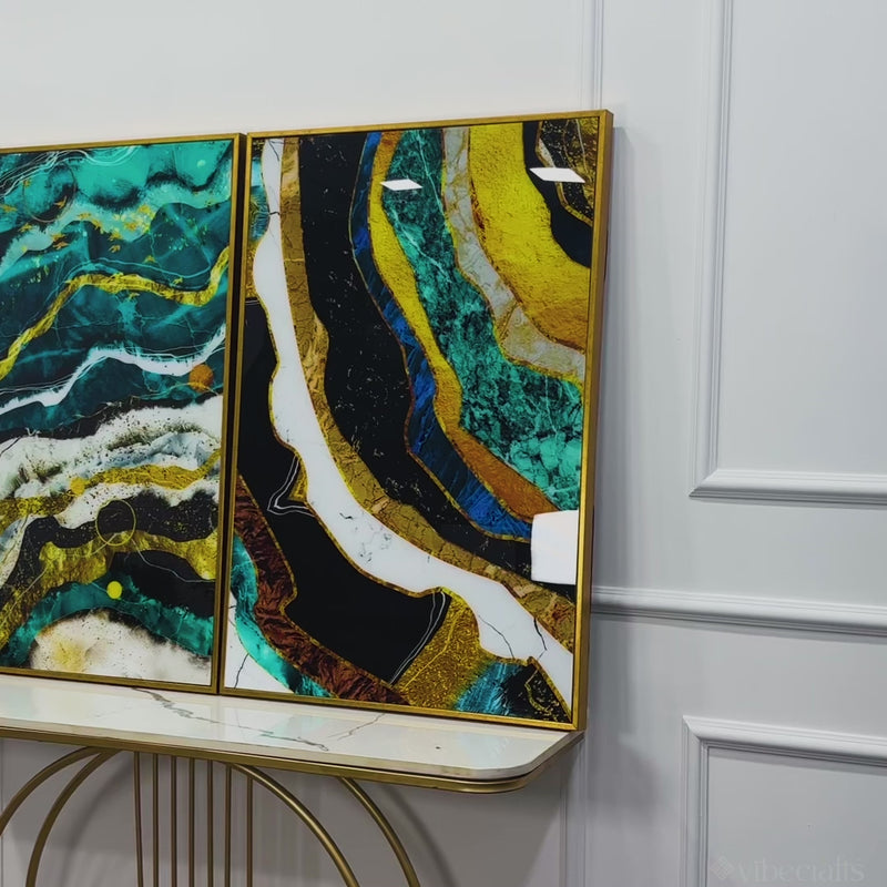 Modern Turquoise Blue Waves Artistic Art Acrylic Floating Wall Painting Set Of 2
