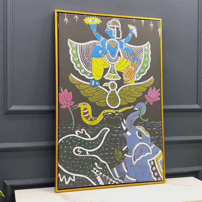 Madhubani Krishna Divine Scene Canvas Painting