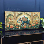 Regal Elephant and His Peacock Companion in a Blooming Palace Garden Canvas Painting