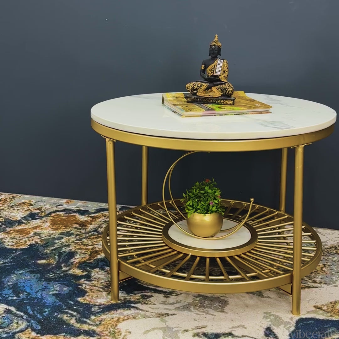 Designer Round Modern Center Table with White Marble Golden Metal Finish
