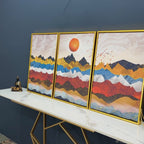 Golden Birds Flying Over Colorful Mountains Floating Canvas Wall Painting Set of Three