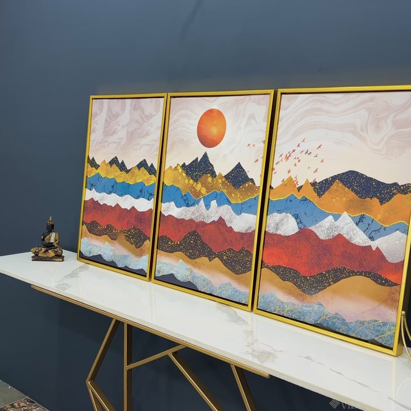 Golden Birds Flying Over Colorful Mountains Floating Canvas Wall Painting Set of Three