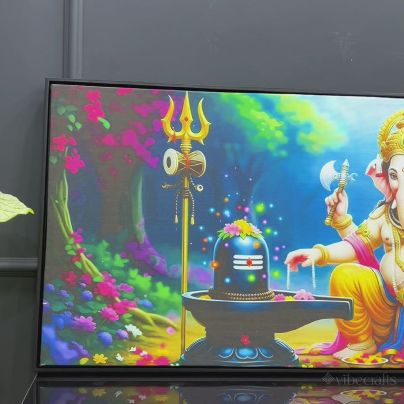 Divine Lord Shri Ganeshji Worshiping Lord Mahadev Shiva Lingam Luxury Canvas Wall Painting for Home & Temple Wall Decor – Modern Religious Wall Art