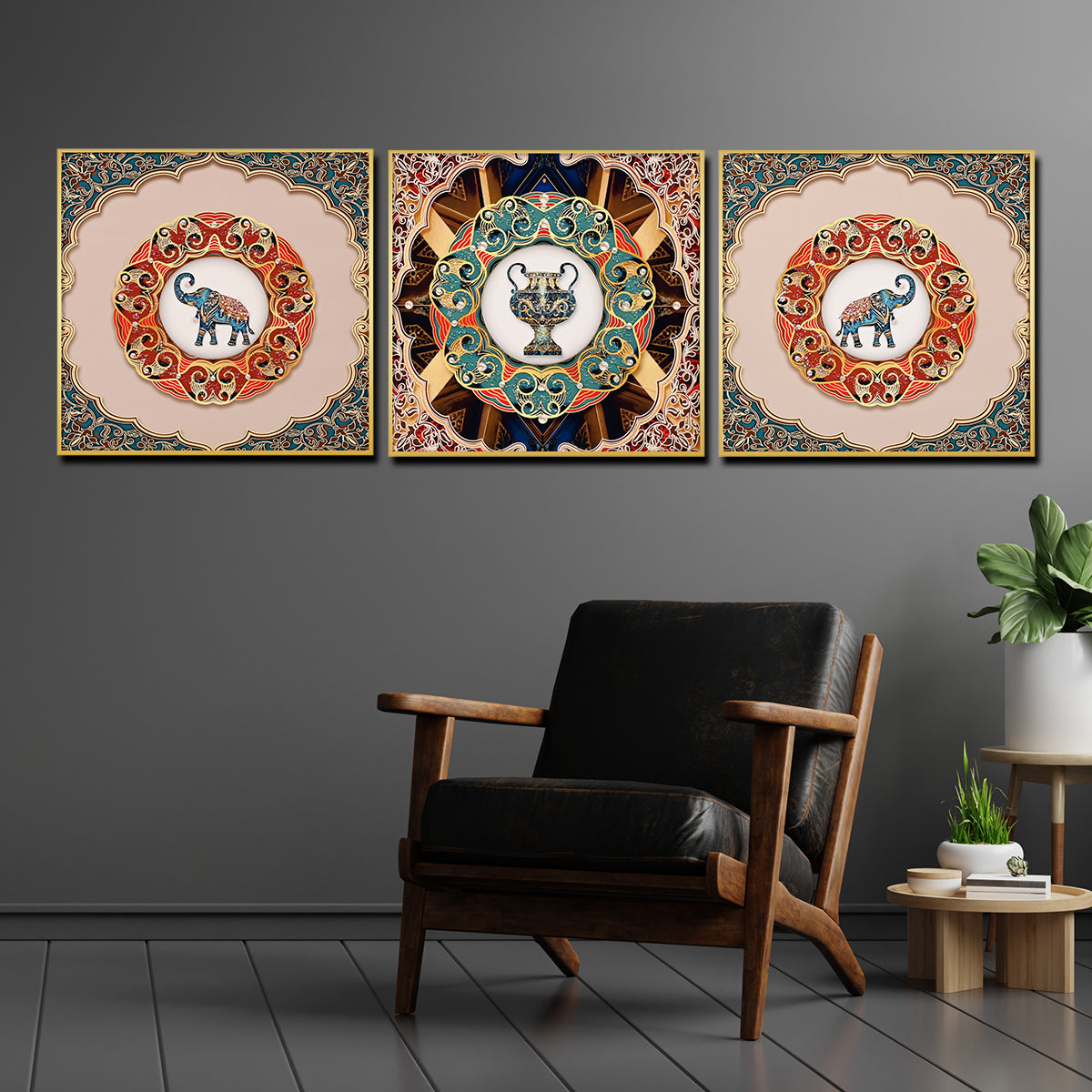 Pride of Wild Elephant Framed Crystal Glass Painting Set of 3